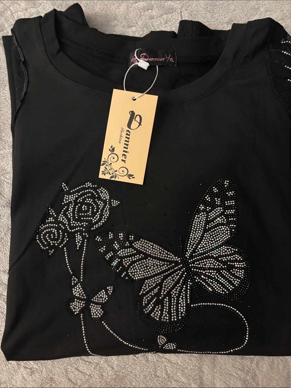 Danner Black Short-Sleeve Rhinestone Butterfly & Rose Tee